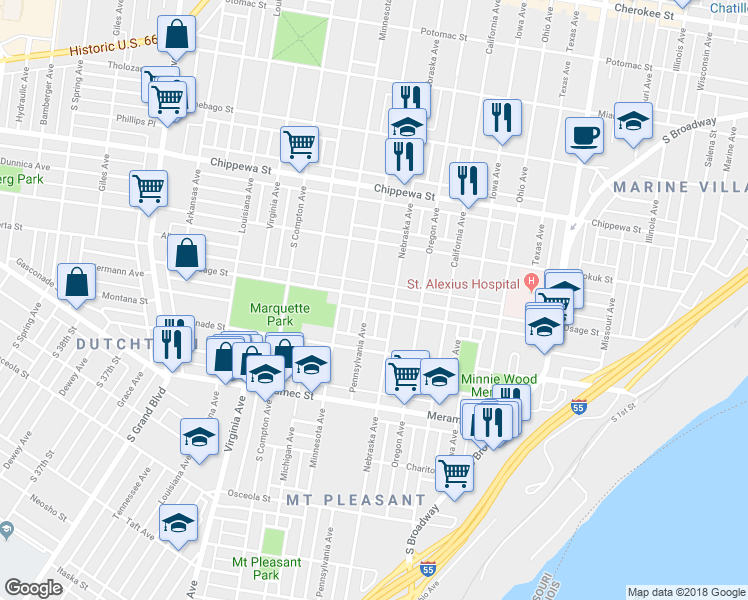 map of restaurants, bars, coffee shops, grocery stores, and more near 4016 Pennsylvania Avenue in St. Louis