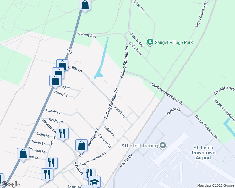 map of restaurants, bars, coffee shops, grocery stores, and more near 3402 Falling Springs Road in Cahokia