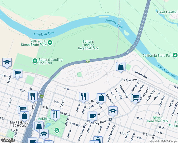 map of restaurants, bars, coffee shops, grocery stores, and more near 17 Fonseca Street in Sacramento