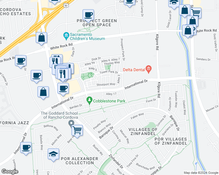 map of restaurants, bars, coffee shops, grocery stores, and more near 11067 International Drive in Rancho Cordova