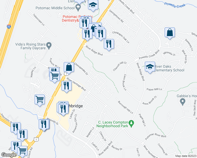 map of restaurants, bars, coffee shops, grocery stores, and more near 16858 Porters Inn Drive in Dumfries