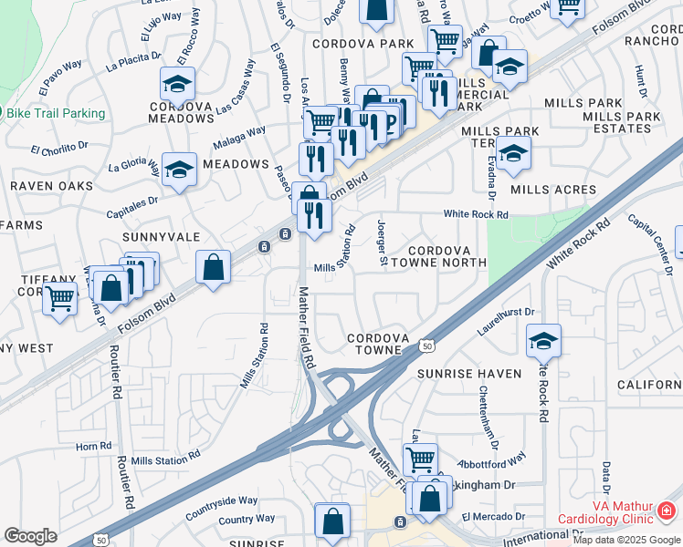 map of restaurants, bars, coffee shops, grocery stores, and more near 10279 Croydon Way in Rancho Cordova