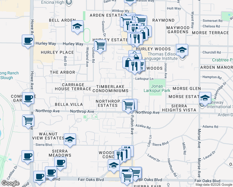 map of restaurants, bars, coffee shops, grocery stores, and more near 934 Carro Drive in Sacramento
