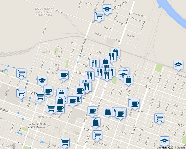 map of restaurants, bars, coffee shops, grocery stores, and more near 1423 F Street in Sacramento