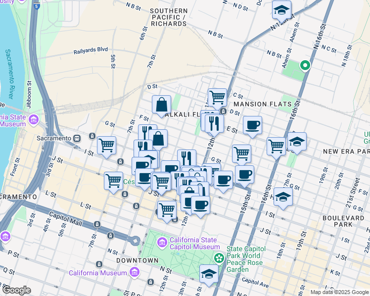 map of restaurants, bars, coffee shops, grocery stores, and more near 1030 G Street in Sacramento