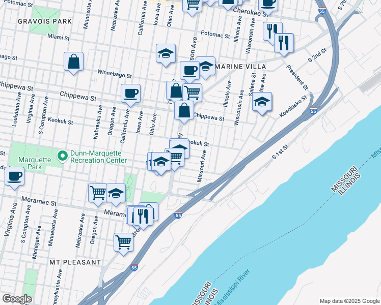 map of restaurants, bars, coffee shops, grocery stores, and more near 2228 Alberta Street in St. Louis