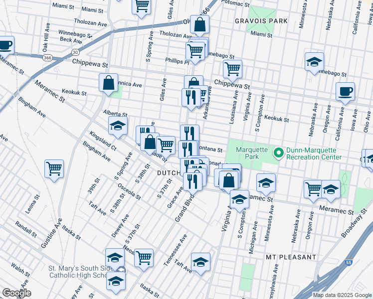 map of restaurants, bars, coffee shops, grocery stores, and more near in St. Louis
