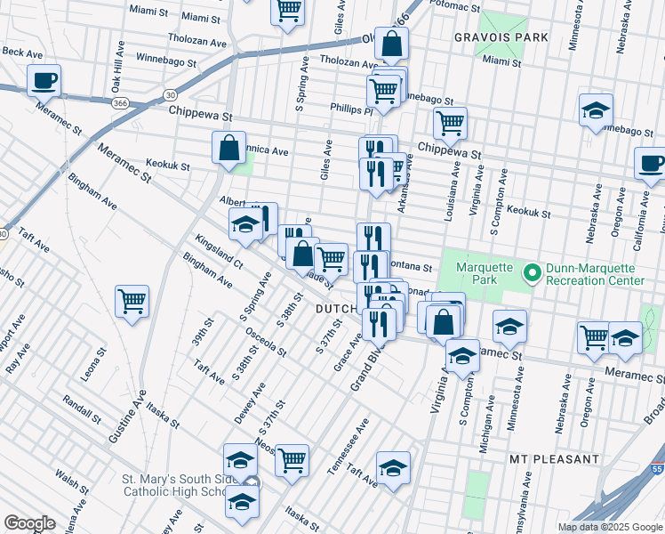 map of restaurants, bars, coffee shops, grocery stores, and more near 3643 Gasconade Street in St. Louis