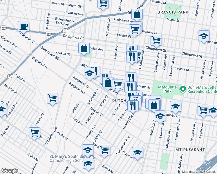 map of restaurants, bars, coffee shops, grocery stores, and more near 3741 Gasconade Street in St. Louis