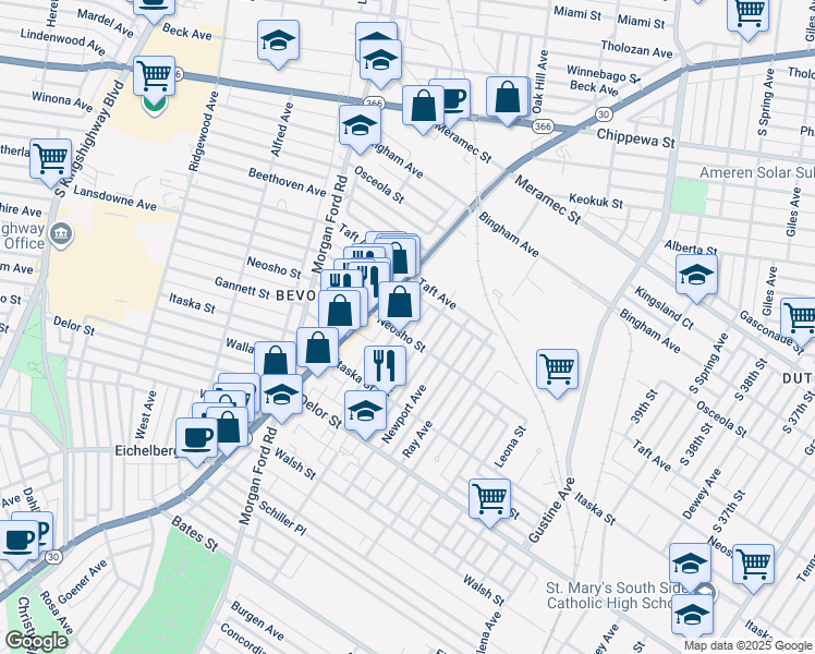 map of restaurants, bars, coffee shops, grocery stores, and more near 4604 Newport Court in St. Louis