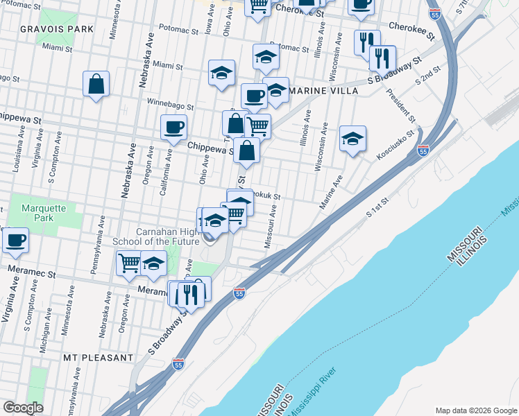 map of restaurants, bars, coffee shops, grocery stores, and more near 2228 Alberta Street in St. Louis