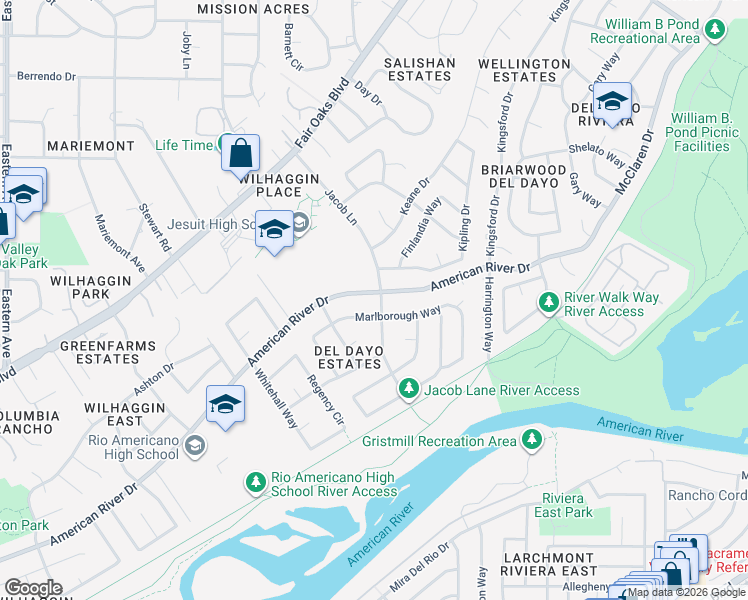 map of restaurants, bars, coffee shops, grocery stores, and more near 4790 American River Drive in Carmichael