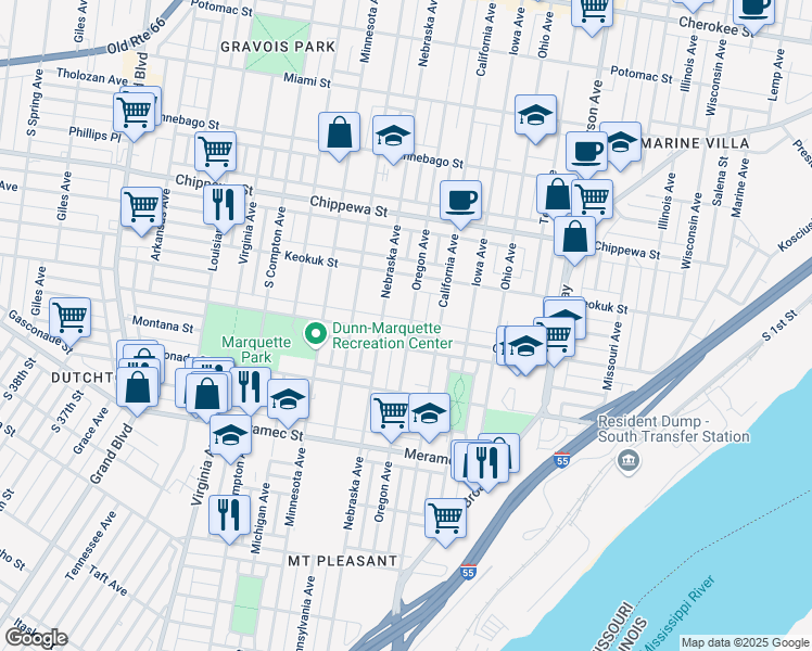 map of restaurants, bars, coffee shops, grocery stores, and more near 2833 Osage Street in St. Louis