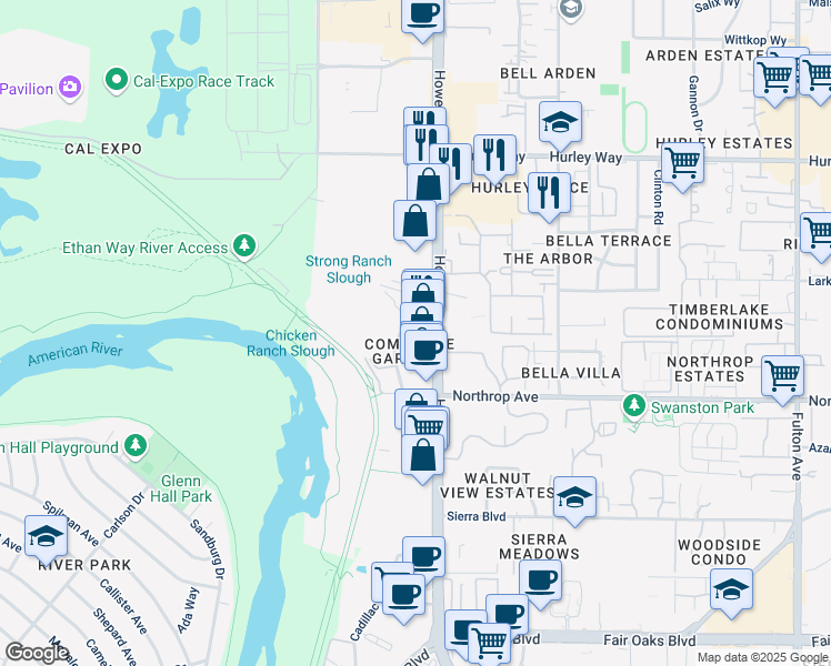 map of restaurants, bars, coffee shops, grocery stores, and more near 925 Howe Avenue in Sacramento