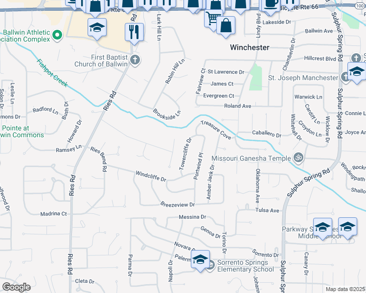 map of restaurants, bars, coffee shops, grocery stores, and more near 235 Towercliffe Drive in Ballwin