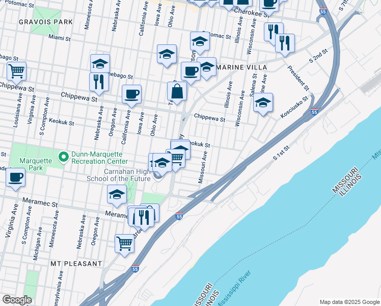 map of restaurants, bars, coffee shops, grocery stores, and more near 2229 Alberta Street in St. Louis