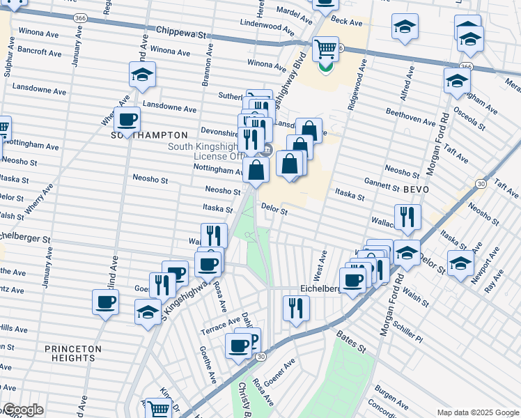 map of restaurants, bars, coffee shops, grocery stores, and more near 5002 Christy Boulevard in St. Louis