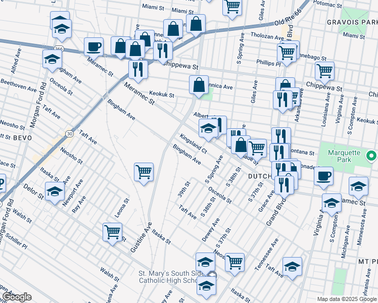 map of restaurants, bars, coffee shops, grocery stores, and more near 3887 Bingham Avenue in St. Louis