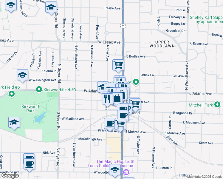 map of restaurants, bars, coffee shops, grocery stores, and more near 138 West Adams Avenue in Kirkwood