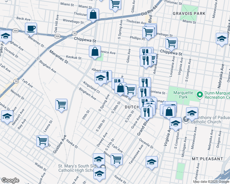 map of restaurants, bars, coffee shops, grocery stores, and more near 3824 Meramec Street in St. Louis