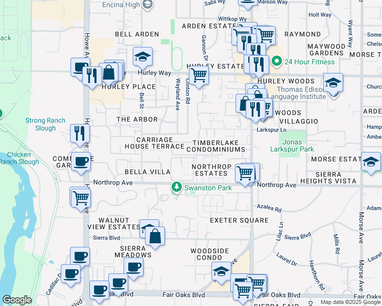map of restaurants, bars, coffee shops, grocery stores, and more near 1017 Dornajo Way in Sacramento
