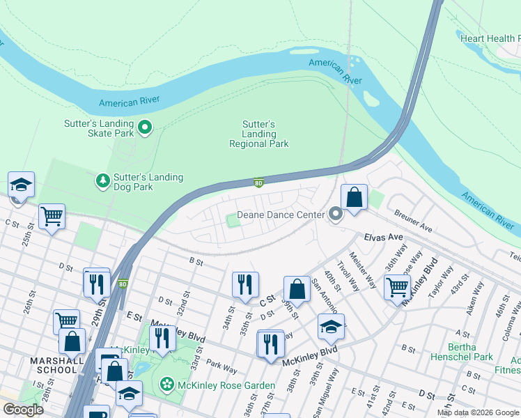 map of restaurants, bars, coffee shops, grocery stores, and more near 17 Fonseca Street in Sacramento