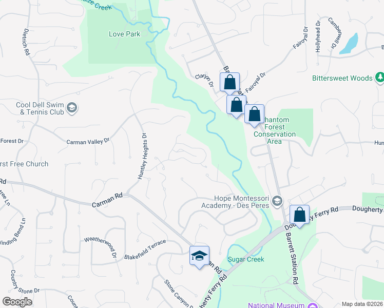 map of restaurants, bars, coffee shops, grocery stores, and more near 1752 Highview Circle Court in Ballwin