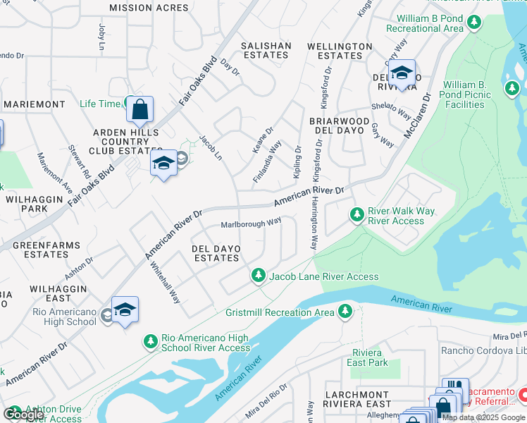 map of restaurants, bars, coffee shops, grocery stores, and more near 4818 Marlborough Way in Carmichael