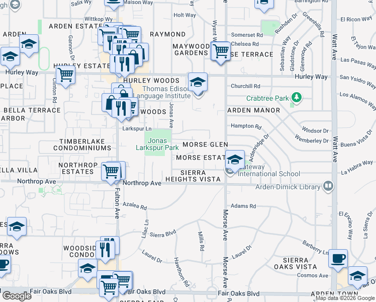 map of restaurants, bars, coffee shops, grocery stores, and more near 2842 Sevilla Lane in Sacramento