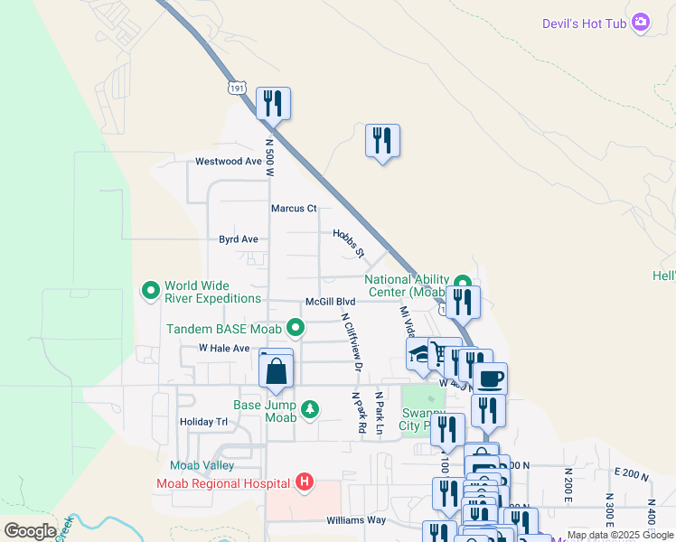 map of restaurants, bars, coffee shops, grocery stores, and more near 381 North Mivida Drive in Moab
