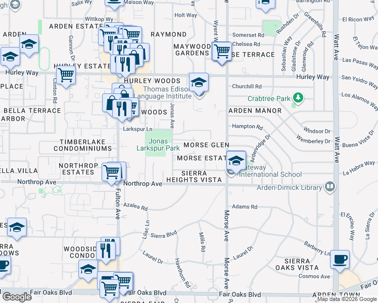map of restaurants, bars, coffee shops, grocery stores, and more near 2842 Sevilla Lane in Sacramento