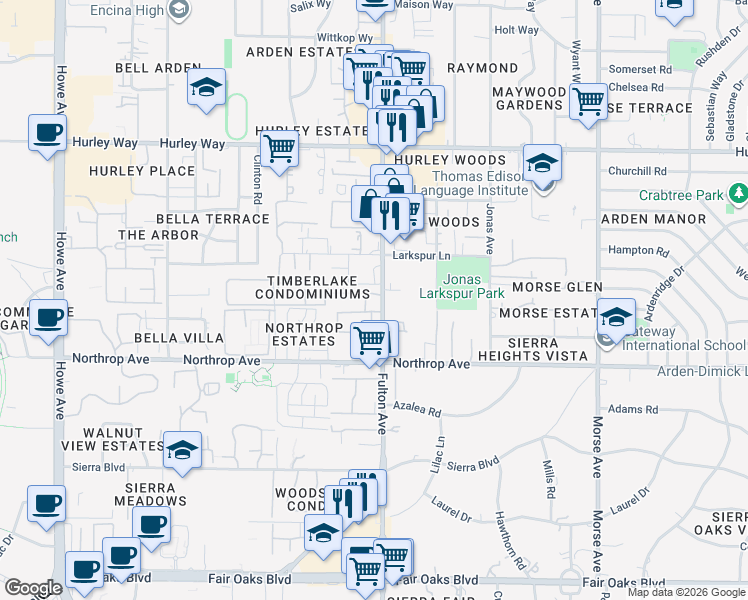 map of restaurants, bars, coffee shops, grocery stores, and more near 973 Fulton Avenue in Sacramento