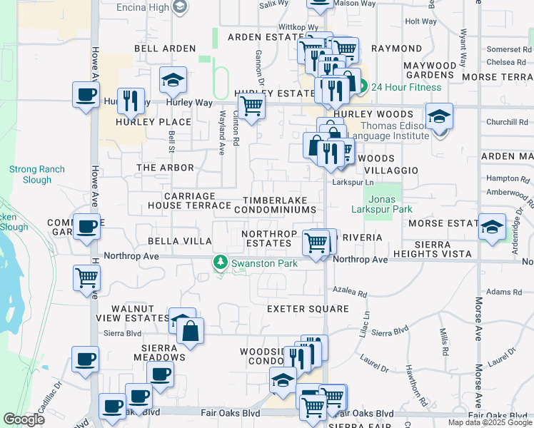 map of restaurants, bars, coffee shops, grocery stores, and more near 2408 Cava Court in Sacramento