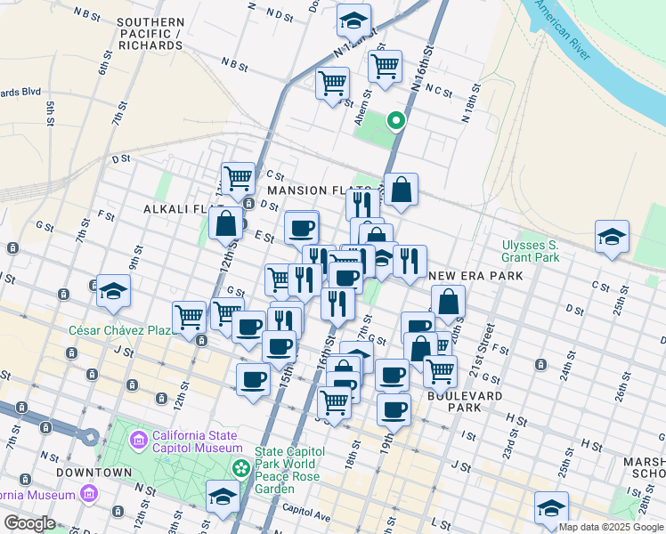 map of restaurants, bars, coffee shops, grocery stores, and more near 526 16th Street in Sacramento