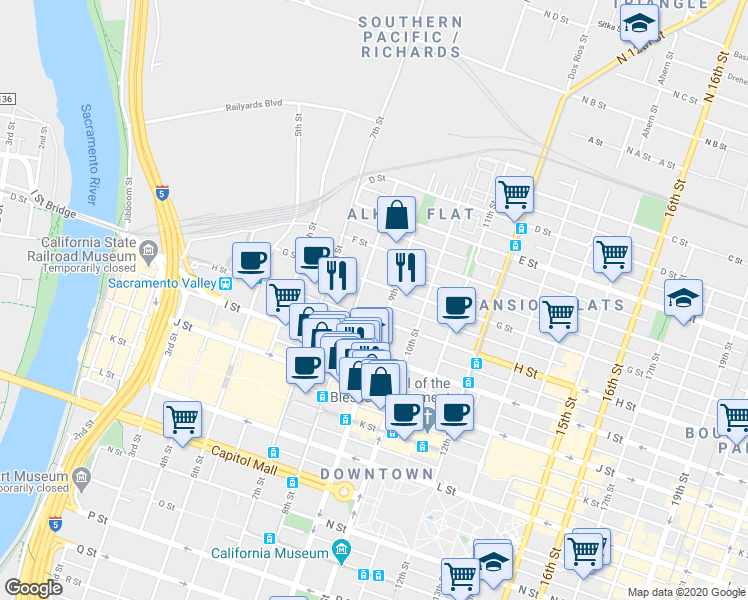 map of restaurants, bars, coffee shops, grocery stores, and more near in Sacramento