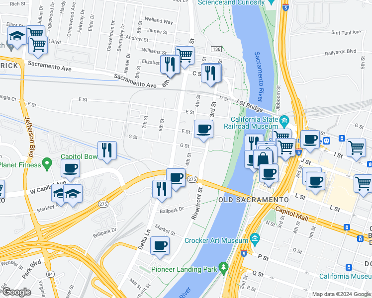 map of restaurants, bars, coffee shops, grocery stores, and more near 731 5th Street in West Sacramento