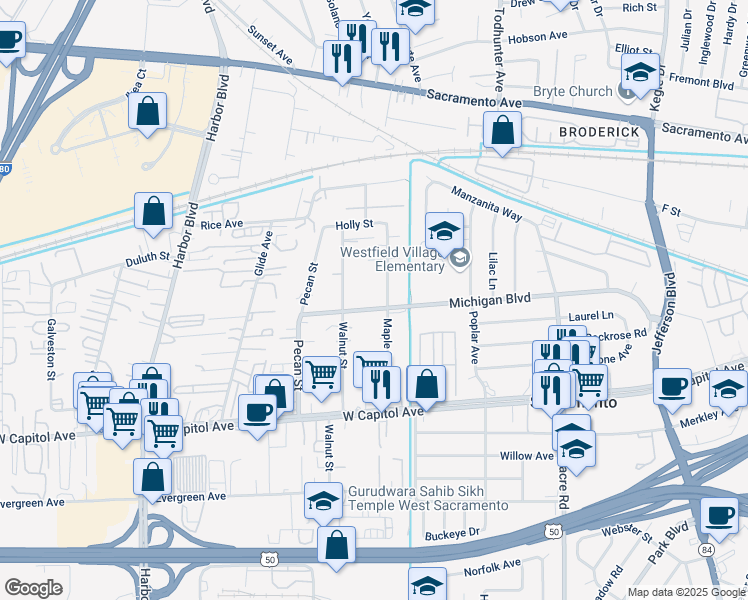 map of restaurants, bars, coffee shops, grocery stores, and more near 2219 Michigan Boulevard in West Sacramento