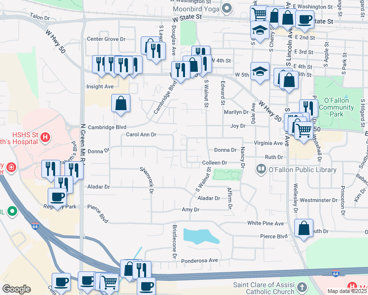 map of restaurants, bars, coffee shops, grocery stores, and more near 545 Donna Drive in O'Fallon