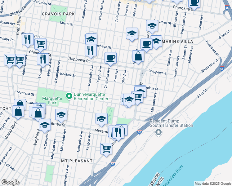 map of restaurants, bars, coffee shops, grocery stores, and more near 2725 Osage Street in St. Louis