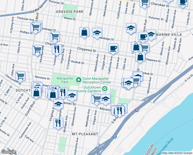 map of restaurants, bars, coffee shops, grocery stores, and more near 2842 Osage Street in St. Louis