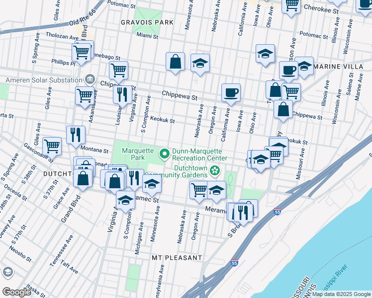 map of restaurants, bars, coffee shops, grocery stores, and more near 4016 Pennsylvania Avenue in St. Louis