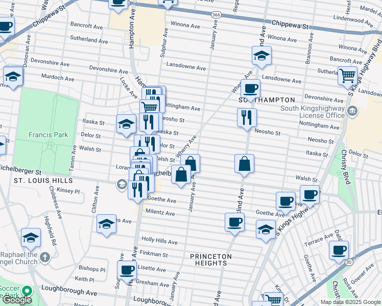 map of restaurants, bars, coffee shops, grocery stores, and more near 5611 Walsh Street in St. Louis