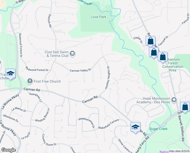 map of restaurants, bars, coffee shops, grocery stores, and more near 645 Amberwood Lane in Ballwin