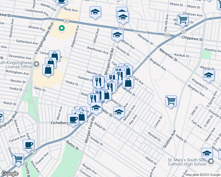 map of restaurants, bars, coffee shops, grocery stores, and more near 4215 Gannett Street in St. Louis