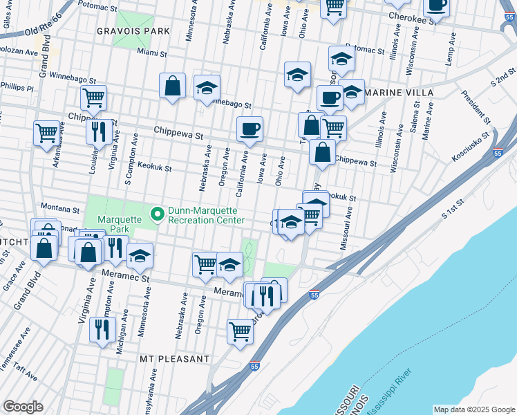 map of restaurants, bars, coffee shops, grocery stores, and more near 3938 Iowa Avenue in St. Louis