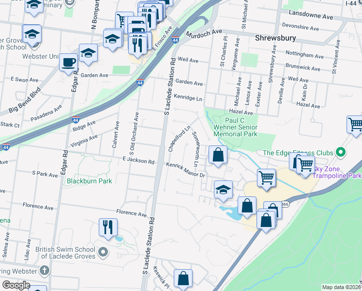 map of restaurants, bars, coffee shops, grocery stores, and more near 5334 Chapelford Lane in St. Louis