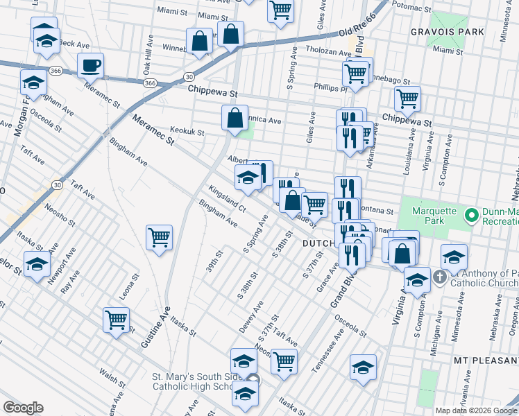 map of restaurants, bars, coffee shops, grocery stores, and more near 3854 Kingsland Court in St. Louis