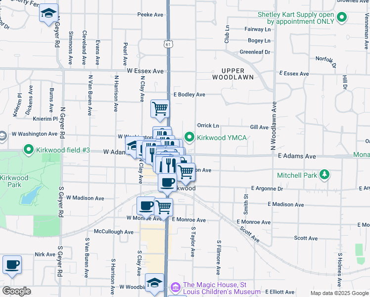 map of restaurants, bars, coffee shops, grocery stores, and more near 100 East Adams Avenue in Kirkwood