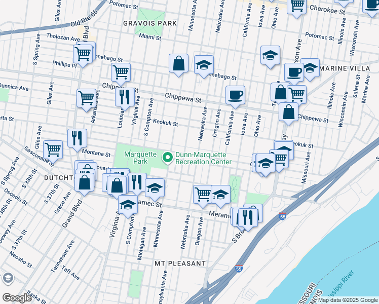 map of restaurants, bars, coffee shops, grocery stores, and more near 4016 Pennsylvania Avenue in St. Louis