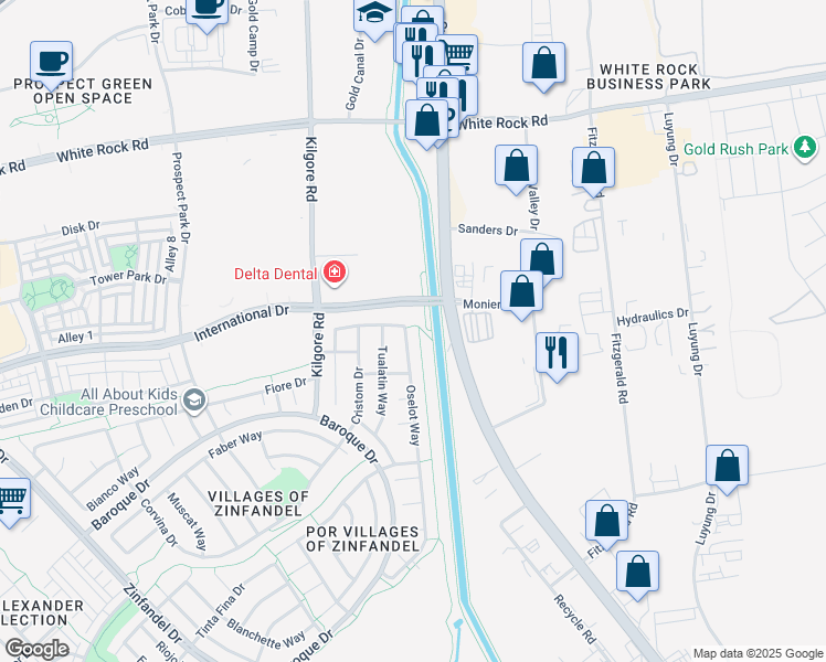 map of restaurants, bars, coffee shops, grocery stores, and more near 3277 Oselot Way in Rancho Cordova
